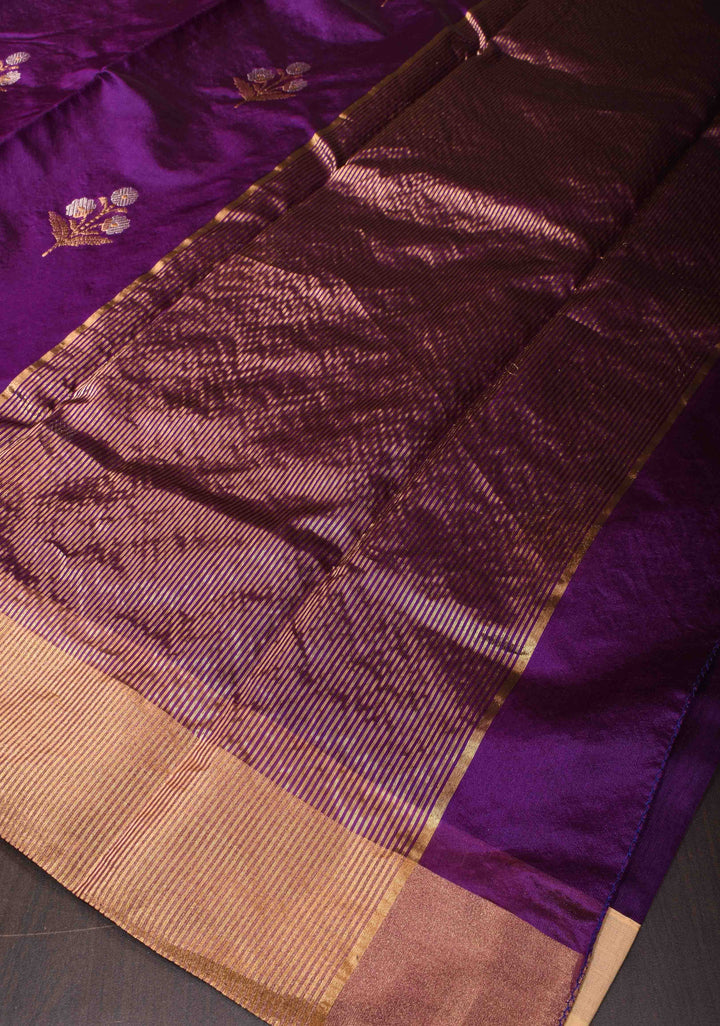 Purple Chanderi Silk Saree with Alfi Floral Motifs and Zari Border
