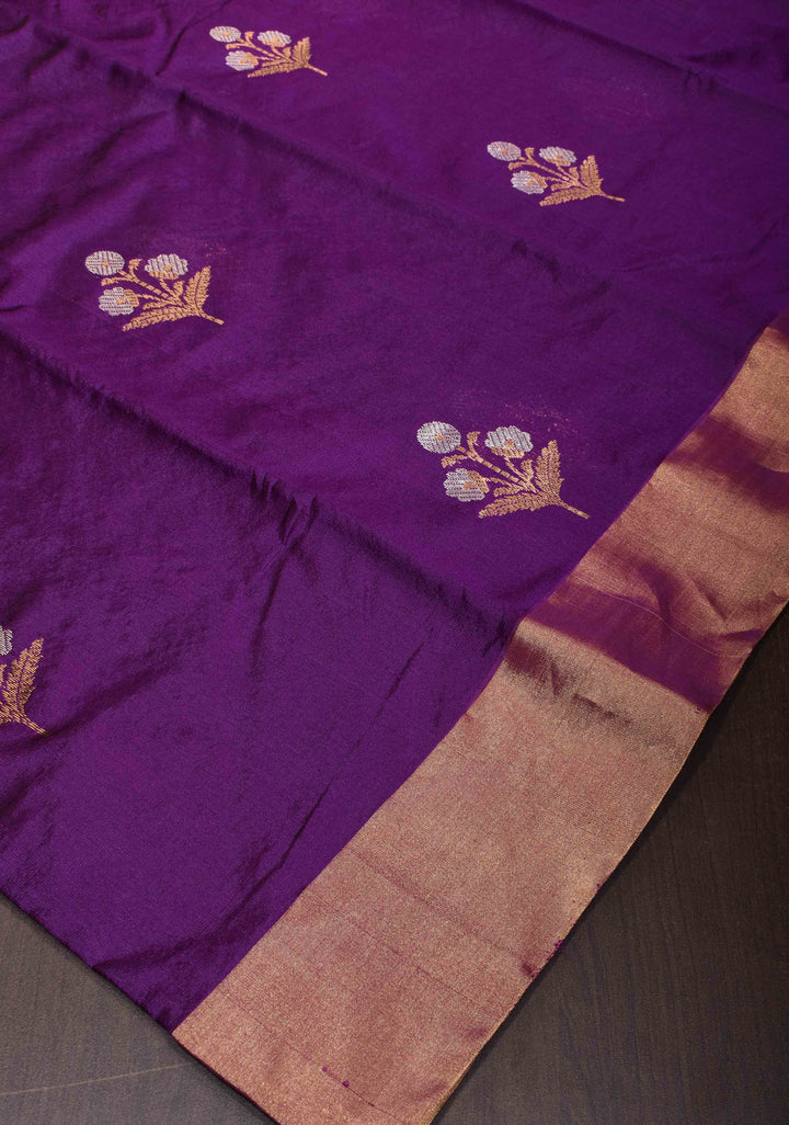 Purple Chanderi Silk Saree with Alfi Floral Motifs and Zari Border