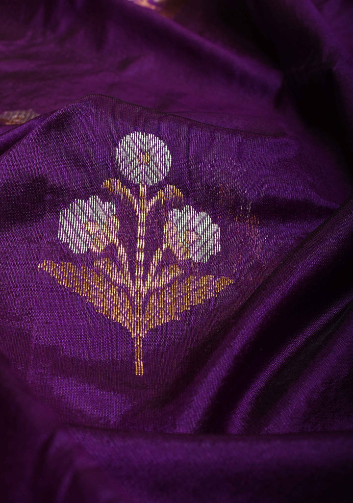 Purple Chanderi Silk Saree with Alfi Floral Motifs and Zari Border