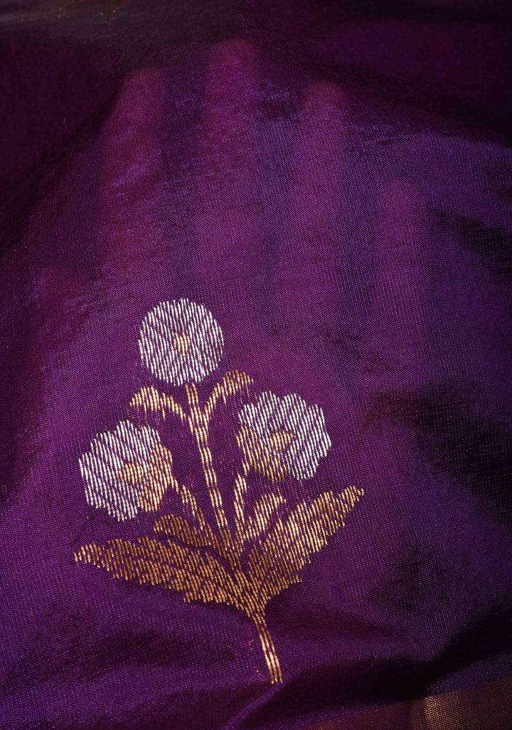 Purple Chanderi Silk Saree with Alfi Floral Motifs and Zari Border