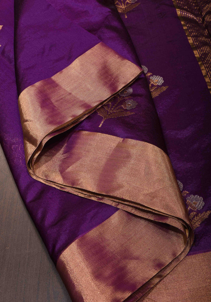 Purple Chanderi Silk Saree with Alfi Floral Motifs and Zari Border