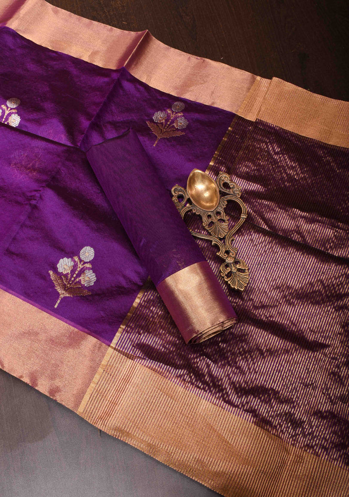 Purple Chanderi Silk Saree with Alfi Floral Motifs and Zari Border