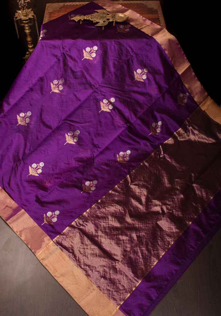 Purple Chanderi Silk Saree with Alfi Floral Motifs and Zari Border