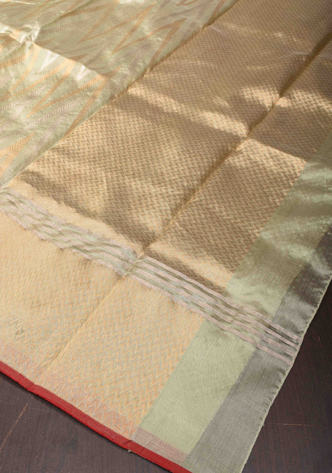 Chanderi Silk Saree in Sage Green with Sona Rupa Zari Chevron pattern