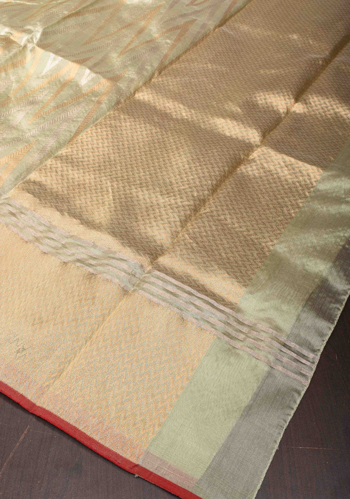 Chanderi Silk Saree in Sage Green with Sona Rupa Zari Chevron pattern