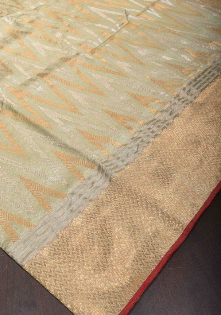 Chanderi Silk Saree in Sage Green with Sona Rupa Zari Chevron pattern