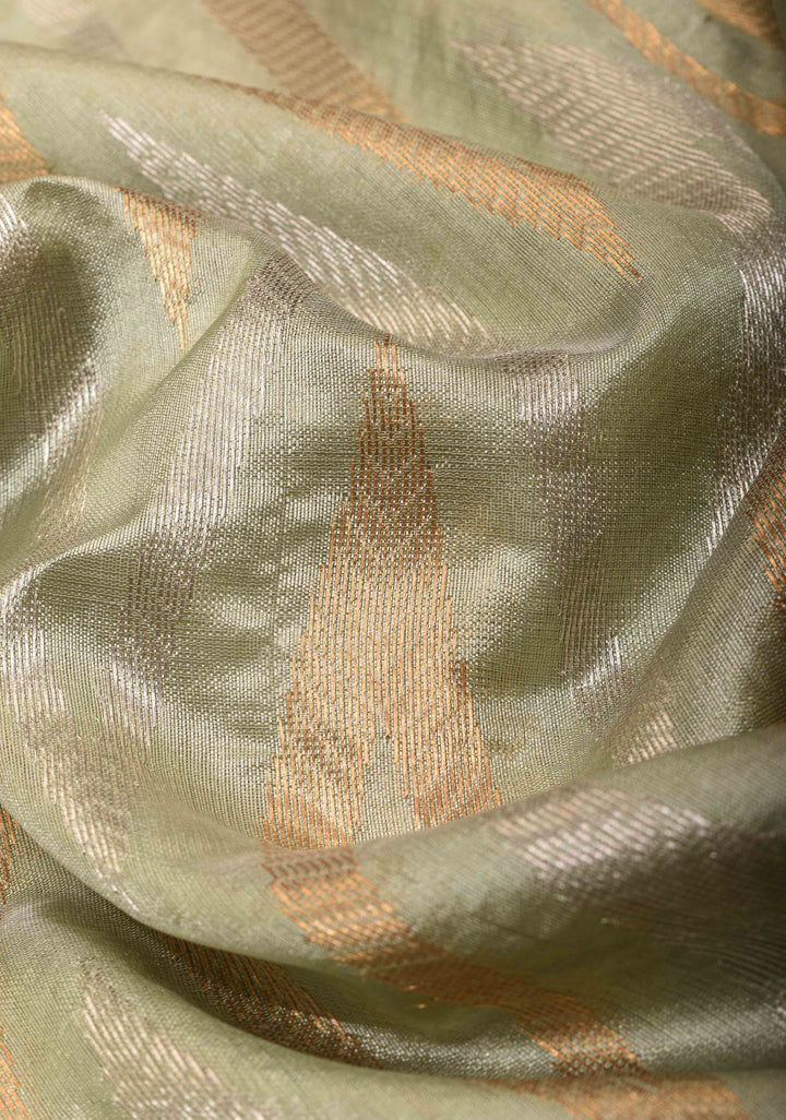 Chanderi Silk Saree in Sage Green with Sona Rupa Zari Chevron pattern