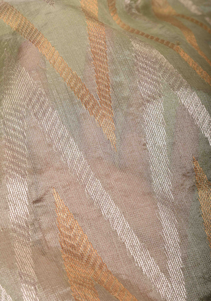Chanderi Silk Saree in Sage Green with Sona Rupa Zari Chevron pattern