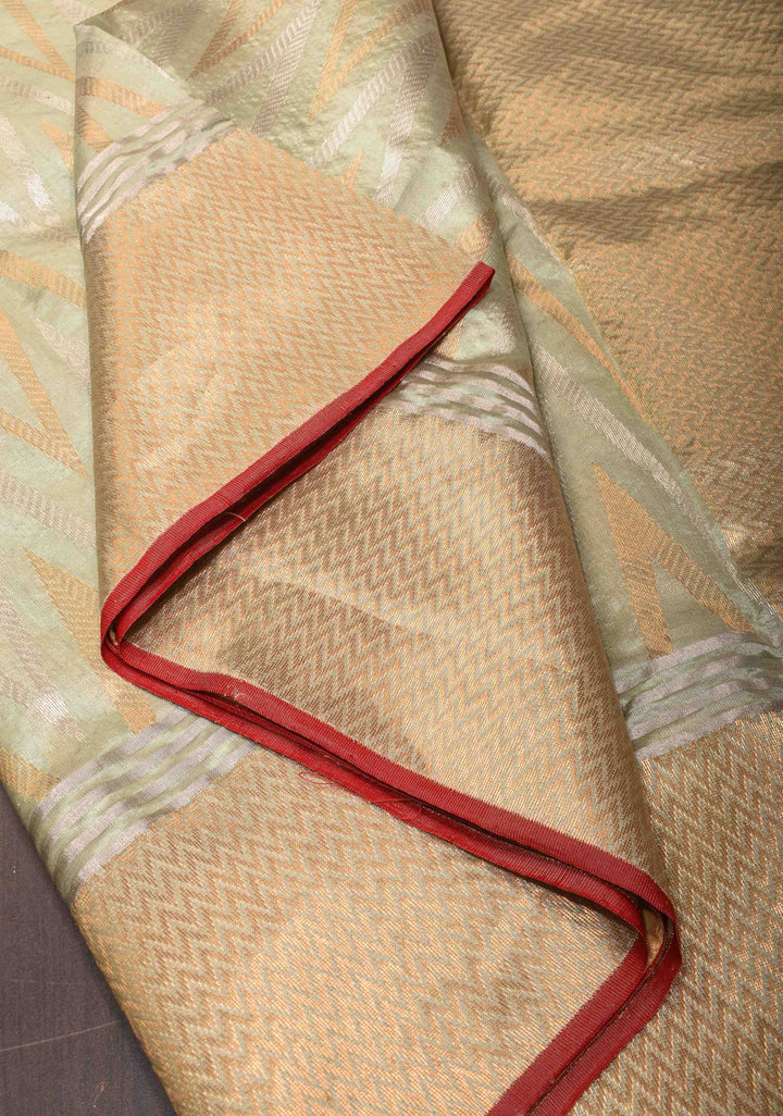 Chanderi Silk Saree in Sage Green with Sona Rupa Zari Chevron pattern