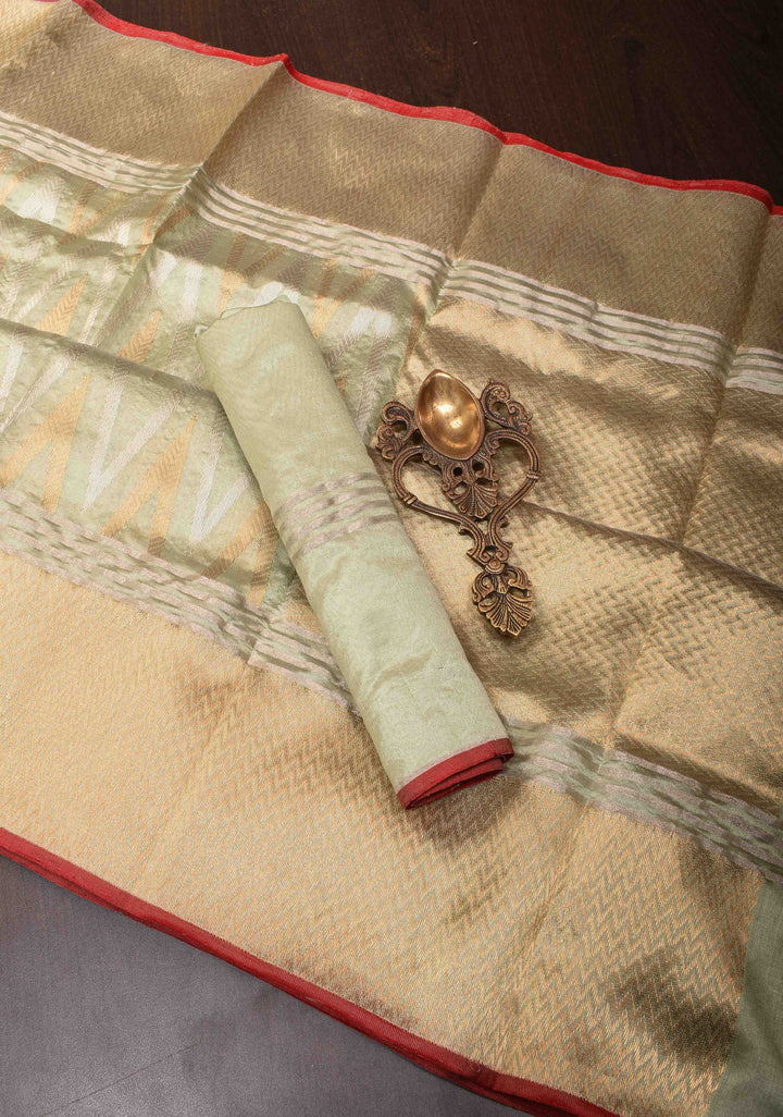 Chanderi Silk Saree in Sage Green with Sona Rupa Zari Chevron pattern