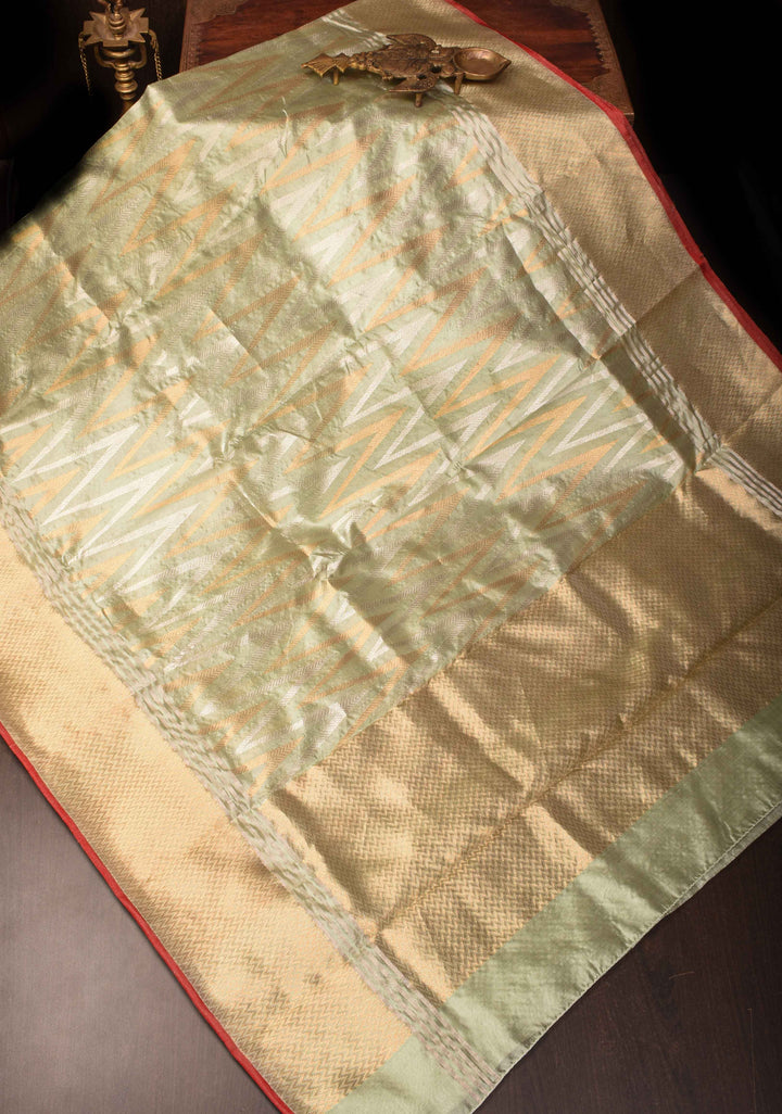 Chanderi Silk Saree in Sage Green with Sona Rupa Zari Chevron pattern