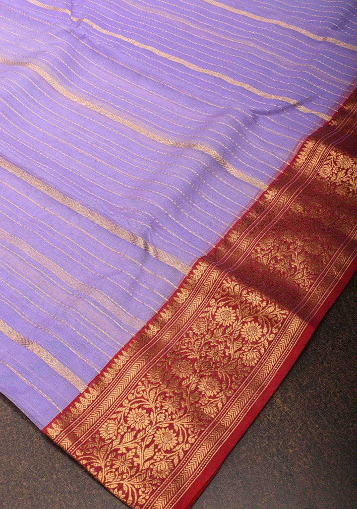 Stunning Vertical Striped Chanderi Silk Saree in Vibrant Purple with a Rich Red Zari Border