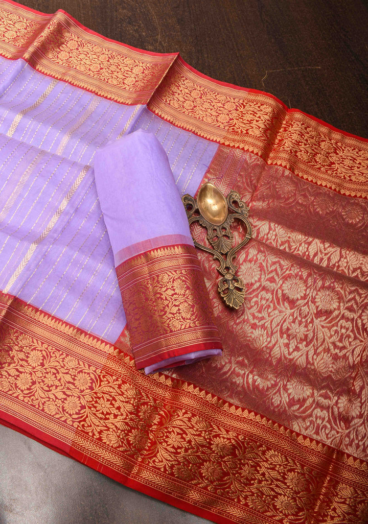 Stunning Vertical Striped Chanderi Silk Saree in Vibrant Purple with a Rich Red Zari Border