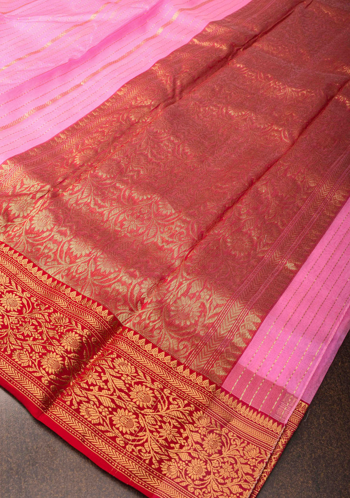 Stunning Striped Chanderi Silk Saree in Pink  Dual Tone