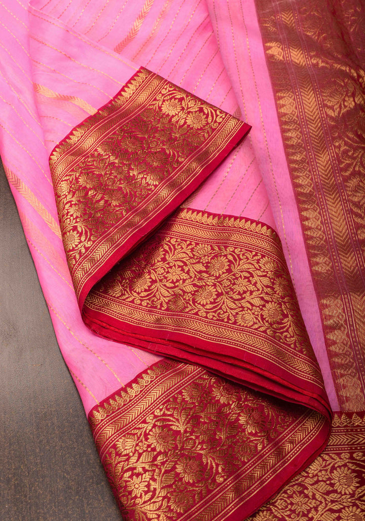 Stunning Striped Chanderi Silk Saree in Pink  Dual Tone