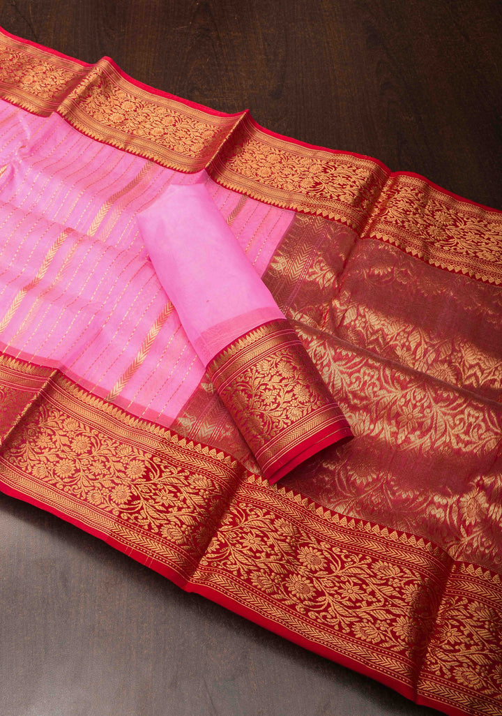 Stunning Striped Chanderi Silk Saree in Pink  Dual Tone