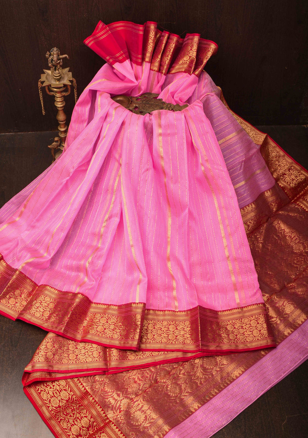 Stunning Striped Chanderi Silk Saree in Pink  Dual Tone