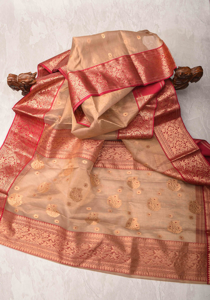 Light Beige Tissue Chanderi Silk Saree with Meenakari Coin Buttas and Contrast Zari Borders
