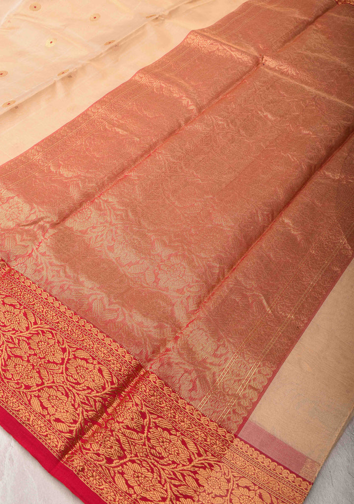 Light Beige Tissue Chanderi Silk Saree with Meenakari Coin Buttas and Contrast Zari Borders