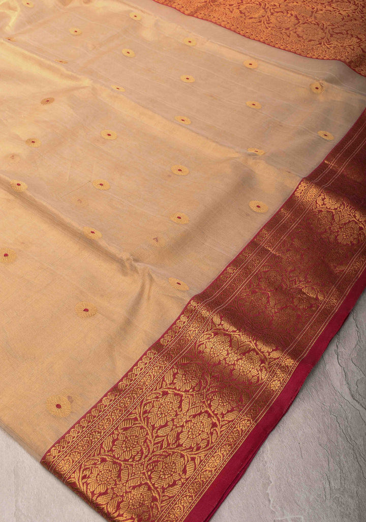 Light Beige Tissue Chanderi Silk Saree with Meenakari Coin Buttas and Contrast Zari Borders