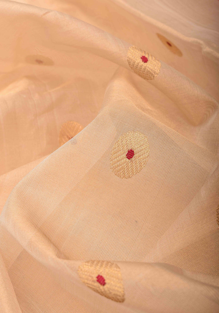 Light Beige Tissue Chanderi Silk Saree with Meenakari Coin Buttas and Contrast Zari Borders