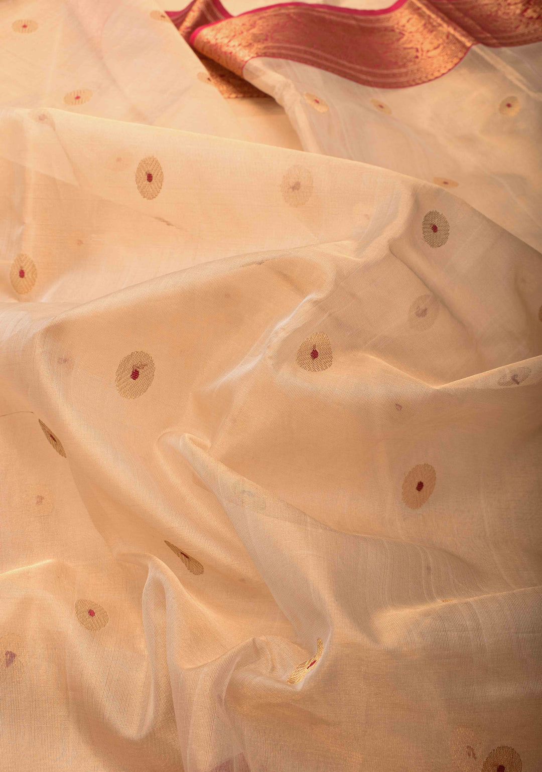 Light Beige Tissue Chanderi Silk Saree with Meenakari Coin Buttas and Contrast Zari Borders