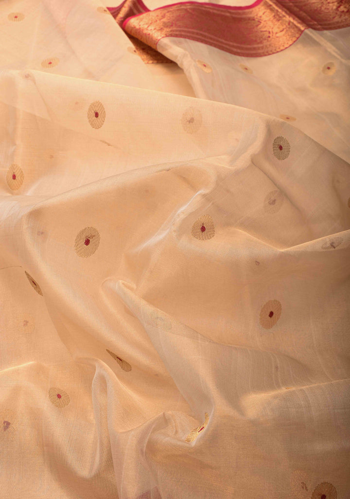 Light Beige Tissue Chanderi Silk Saree with Meenakari Coin Buttas and Contrast Zari Borders