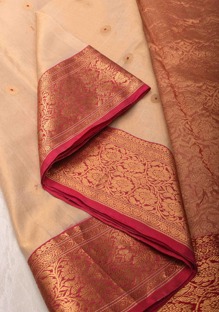 Light Beige Tissue Chanderi Silk Saree with Meenakari Coin Buttas and Contrast Zari Borders