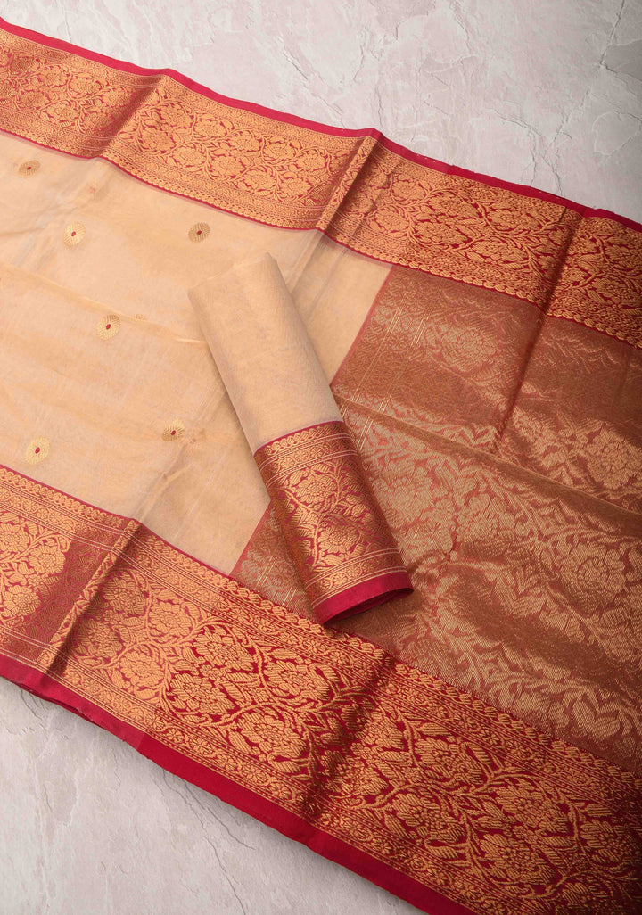 Light Beige Tissue Chanderi Silk Saree with Meenakari Coin Buttas and Contrast Zari Borders