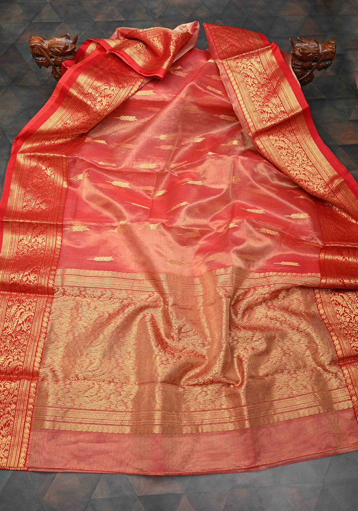 Vermillion Tissue Chanderi Silk Saree with Floral Buttas and Zari Borders