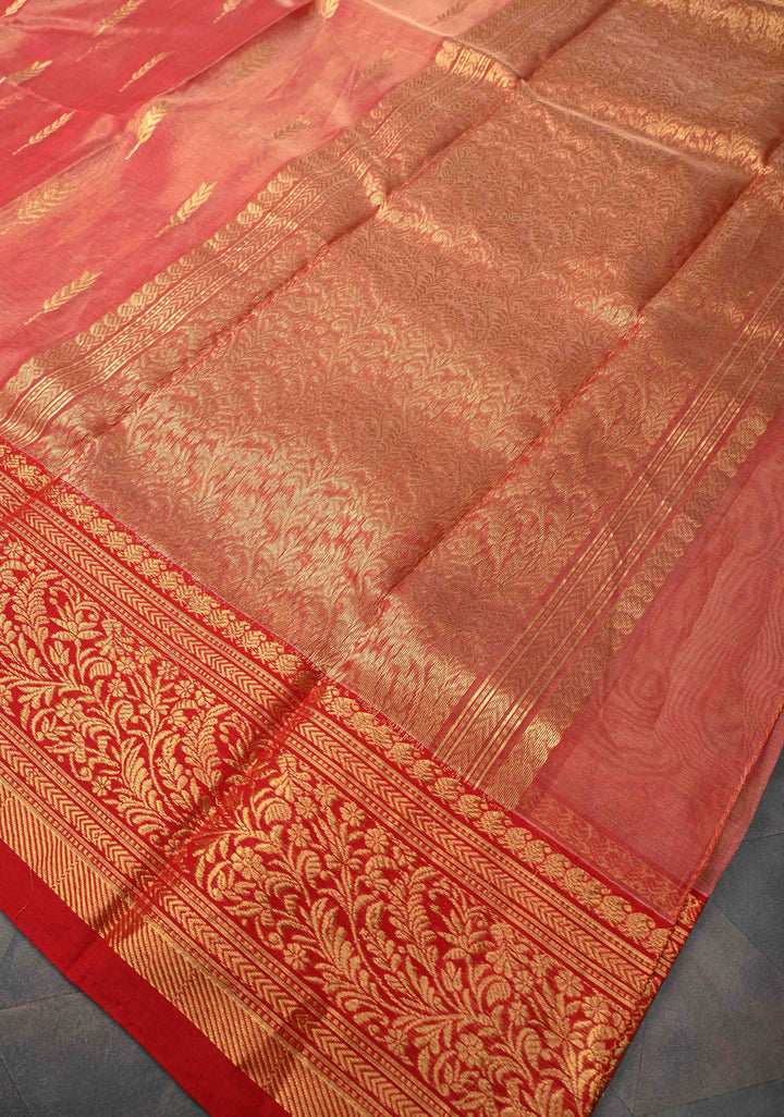 Vermillion Tissue Chanderi Silk Saree with Floral Buttas and Zari Borders
