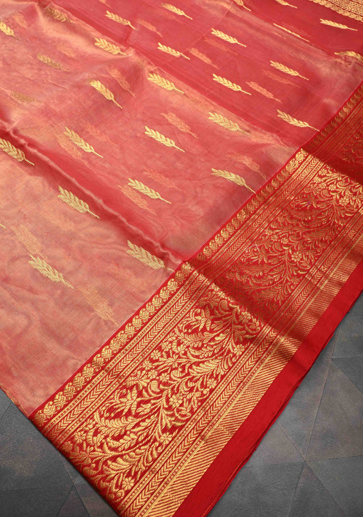 Vermillion Tissue Chanderi Silk Saree with Floral Buttas and Zari Borders