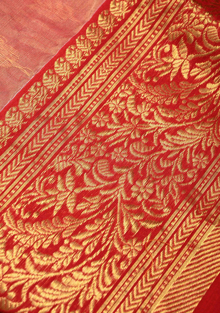 Vermillion Tissue Chanderi Silk Saree with Floral Buttas and Zari Borders