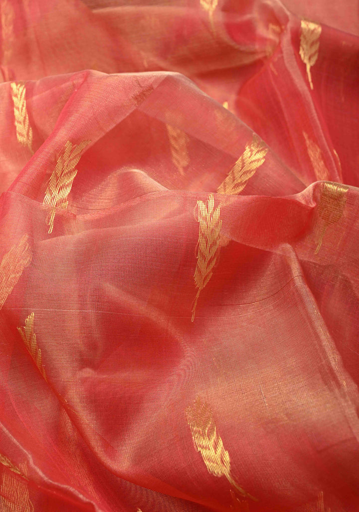 Vermillion Tissue Chanderi Silk Saree with Floral Buttas and Zari Borders
