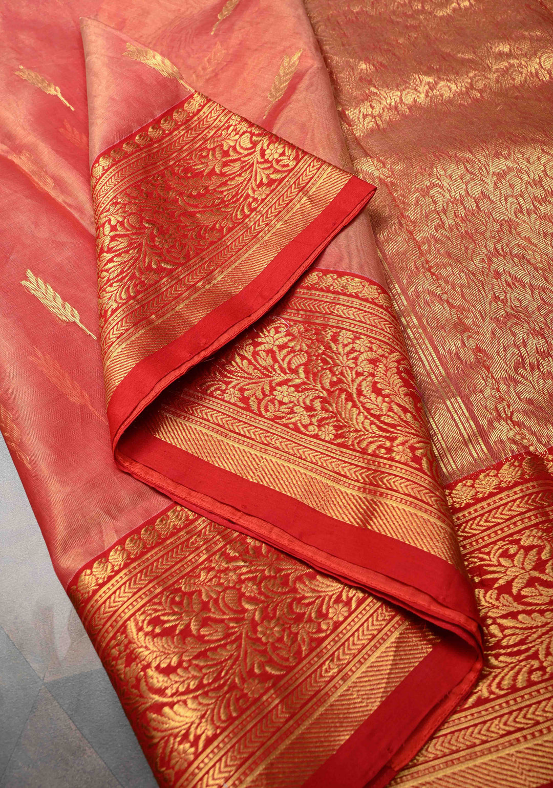 Vermillion Tissue Chanderi Silk Saree with Floral Buttas and Zari Borders