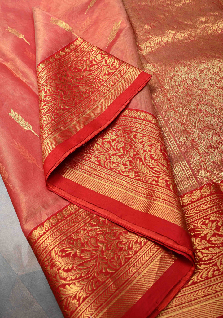 Vermillion Tissue Chanderi Silk Saree with Floral Buttas and Zari Borders