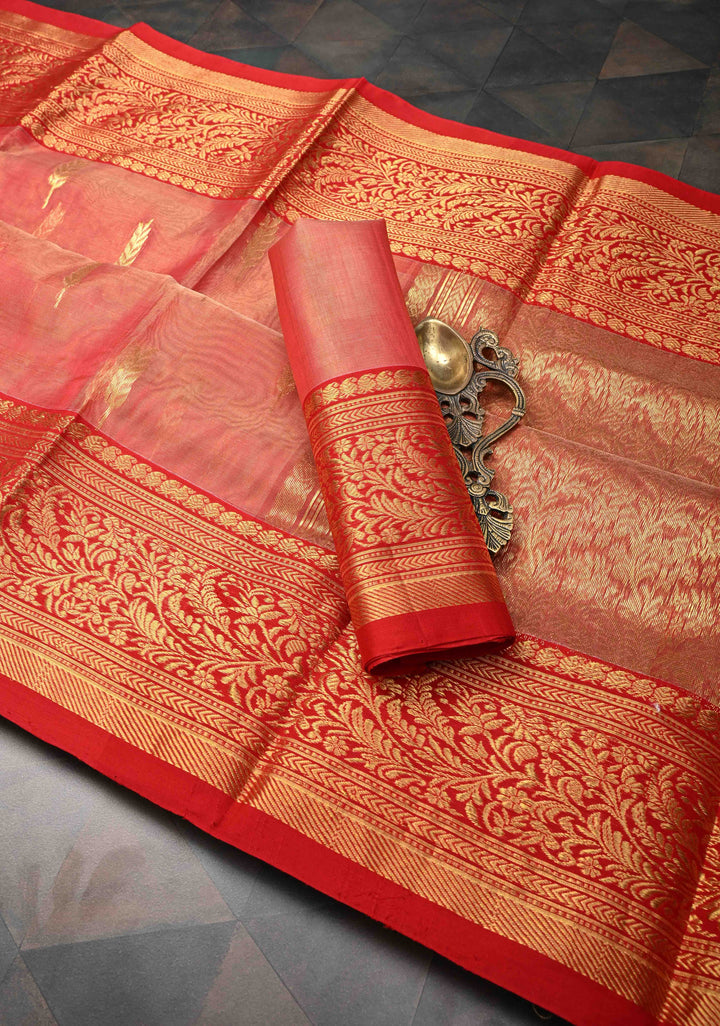 Vermillion Tissue Chanderi Silk Saree with Floral Buttas and Zari Borders
