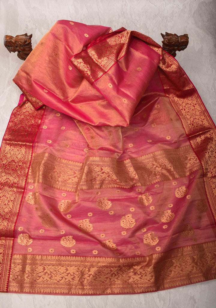 Pink Dual tone Tissue Chanderi Silk Saree with Meenakari Floral Buttas and Contrast Zari Borders