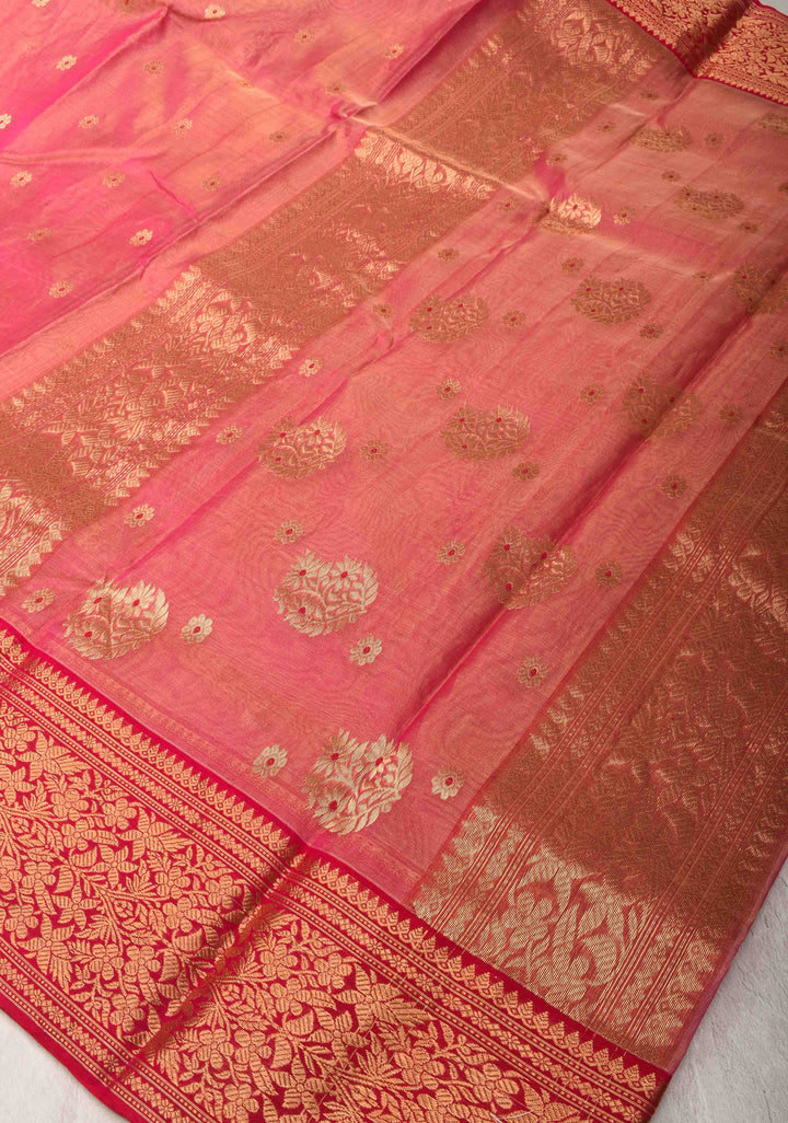 Pink Dual tone Tissue Chanderi Silk Saree with Meenakari Floral Buttas and Contrast Zari Borders