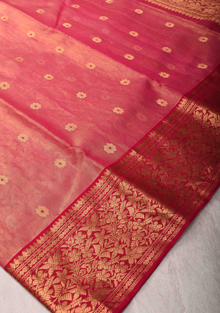 Pink Dual tone Tissue Chanderi Silk Saree with Meenakari Floral Buttas and Contrast Zari Borders