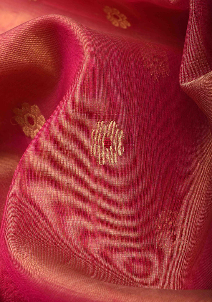 Pink Dual tone Tissue Chanderi Silk Saree with Meenakari Floral Buttas and Contrast Zari Borders