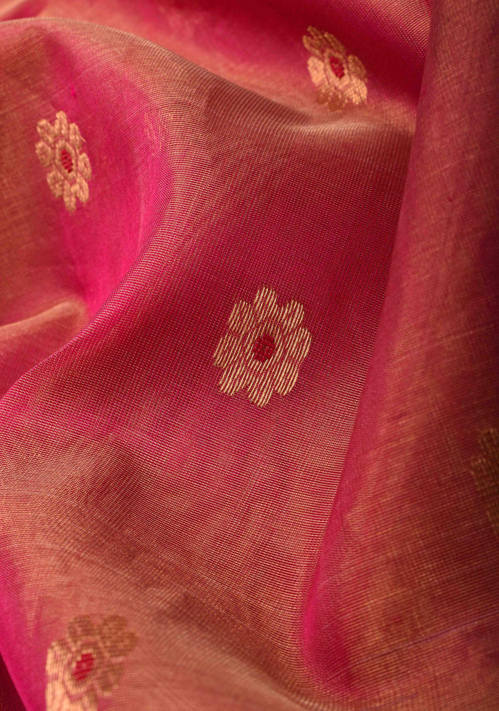 Pink Dual tone Tissue Chanderi Silk Saree with Meenakari Floral Buttas and Contrast Zari Borders