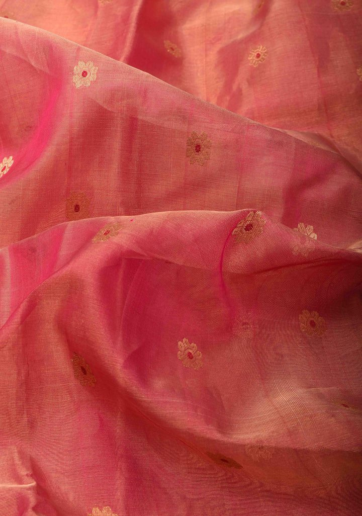 Pink Dual tone Tissue Chanderi Silk Saree with Meenakari Floral Buttas and Contrast Zari Borders