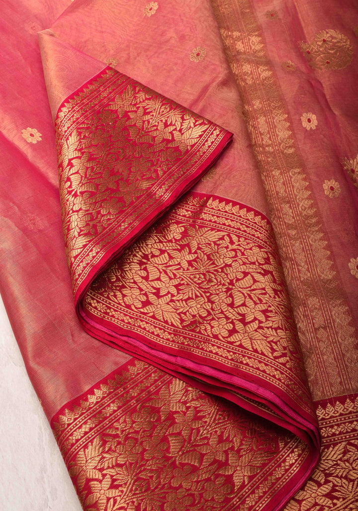 Pink Dual tone Tissue Chanderi Silk Saree with Meenakari Floral Buttas and Contrast Zari Borders