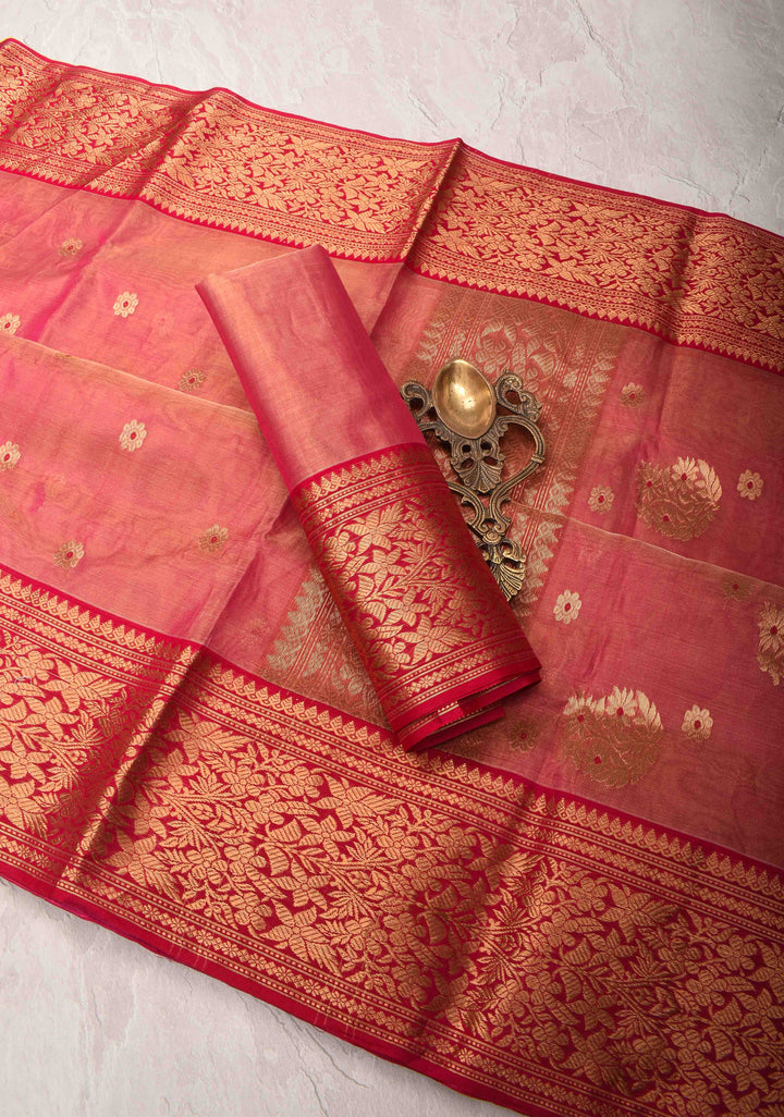Pink Dual tone Tissue Chanderi Silk Saree with Meenakari Floral Buttas and Contrast Zari Borders