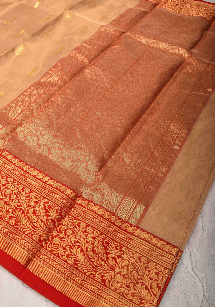 Beige Tissue Chanderi Silk Saree with Floral Buttas and Contrast Zari Borders