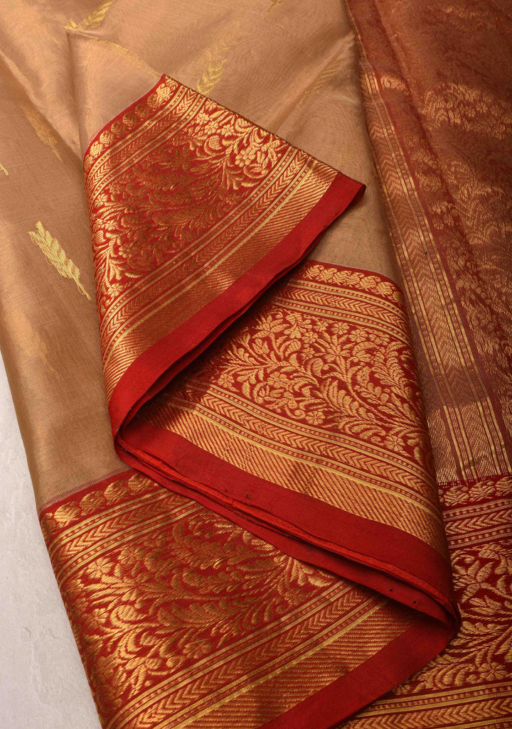Beige Tissue Chanderi Silk Saree with Floral Buttas and Contrast Zari Borders