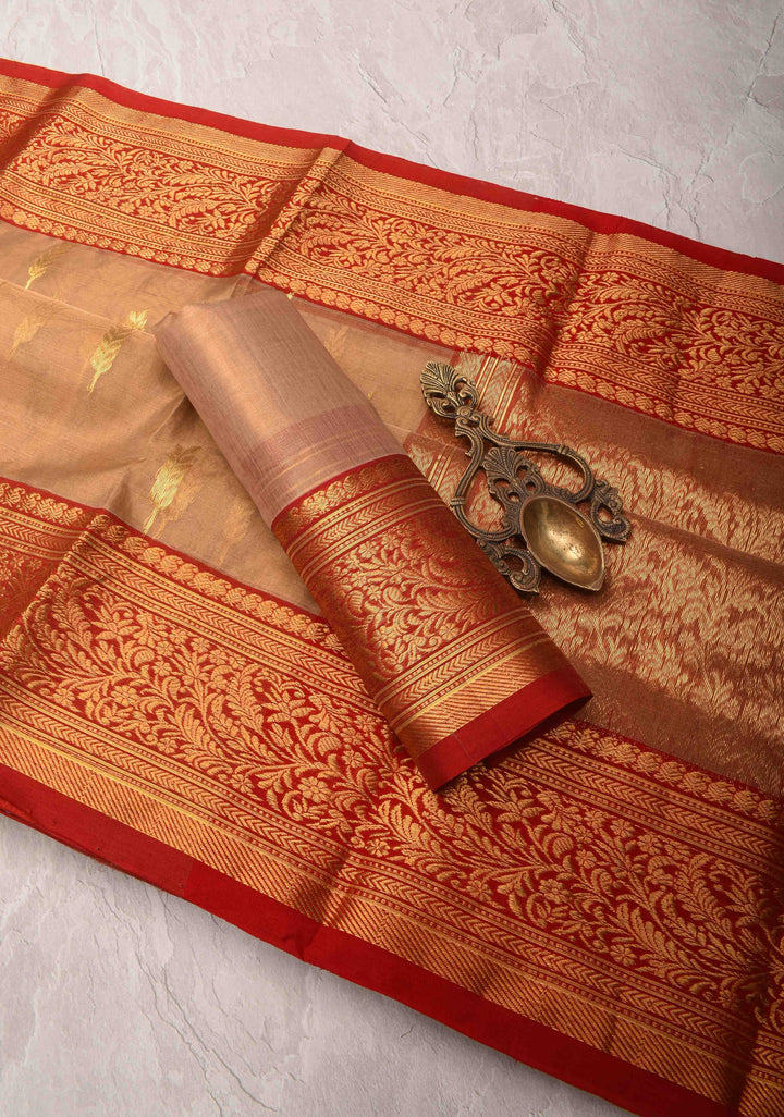 Beige Tissue Chanderi Silk Saree with Floral Buttas and Contrast Zari Borders