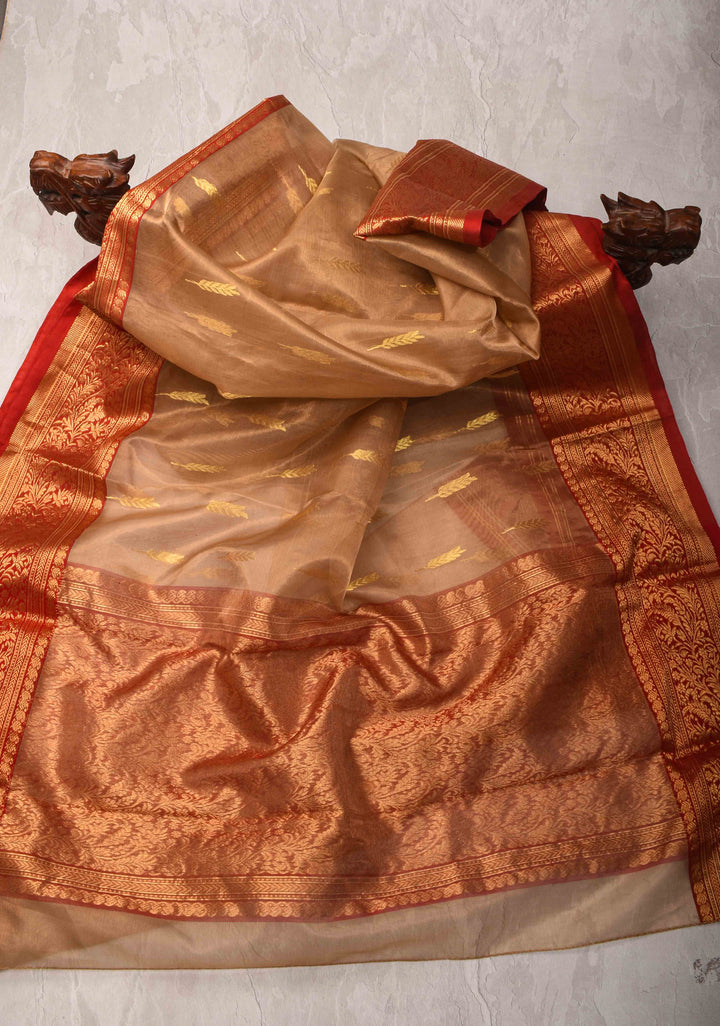 Beige Tissue Chanderi Silk Saree with Floral Buttas and Contrast Zari Borders