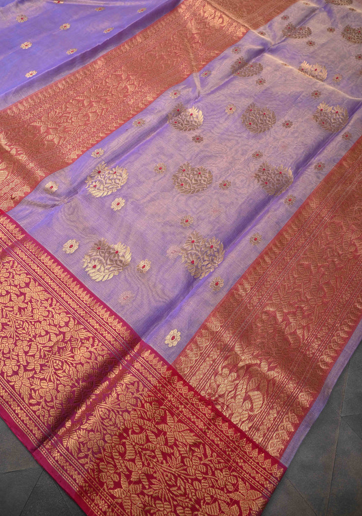 Periwinkle Purple Tissue Chanderi Silk Saree with Meenakari Buttas and Contrast Zari Borders
